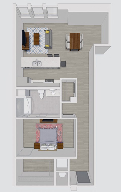 Floor plan for 1 bed, 1 bath, 885 sqft