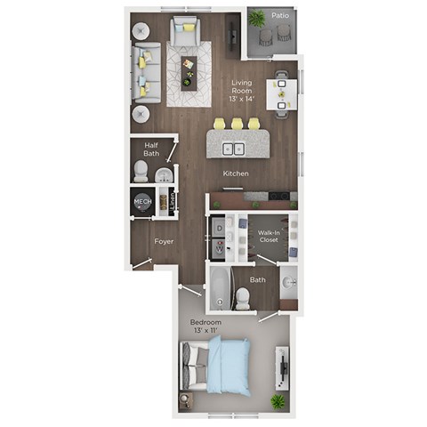 Floor plan for 1 bed, 1.5 baths, 798 sqft