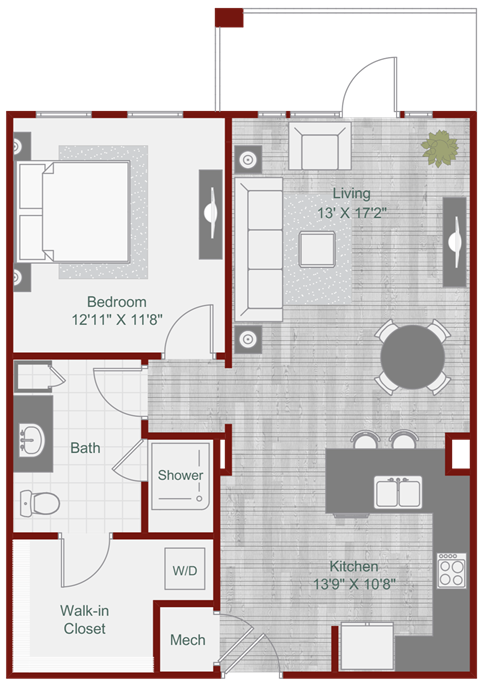 Floor plan for 1 bed, 1 bath, 793 sqft
