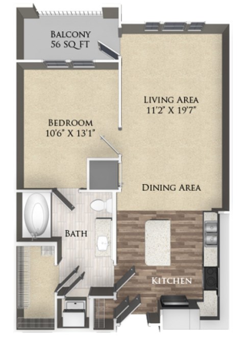 Floor plan for 1 bed, 1 bath, 693 sqft