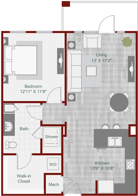 Floor plan for 1 bed, 1 bath, 793 sqft
