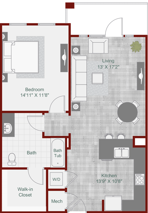 Floor plan for 1 bed, 1 bath, 793 sqft