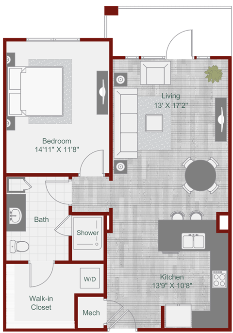 Floor plan for 1 bed, 1 bath, 818 sqft