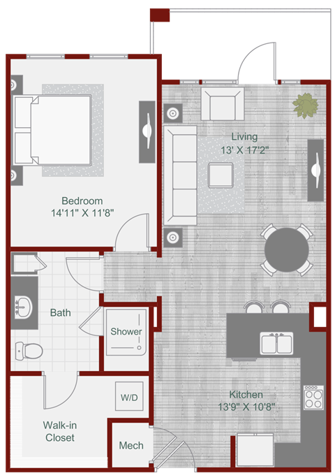 Floor plan for 1 bed, 1 bath, 818 sqft