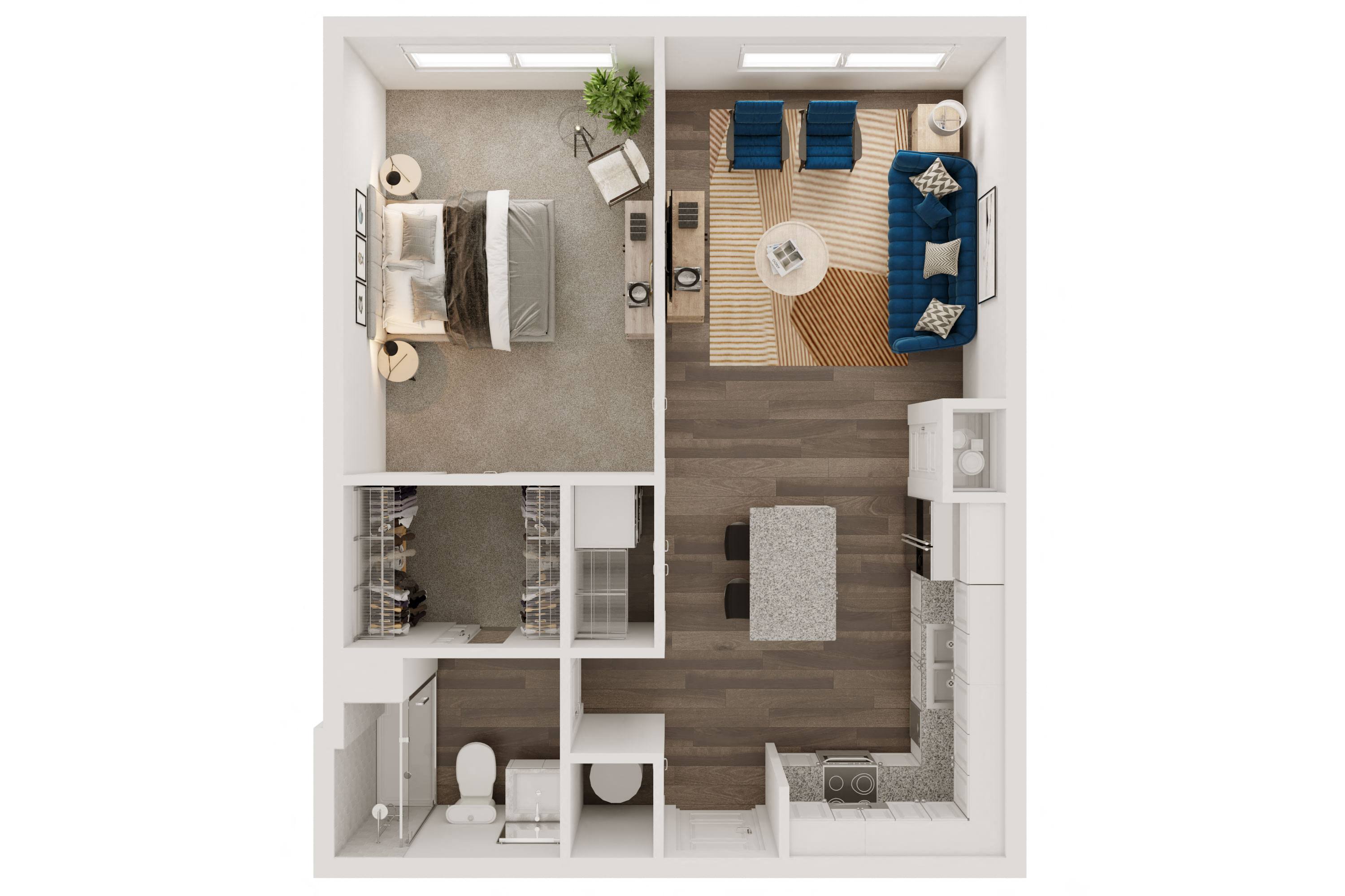 Floor plan for 1 bed, 1 bath, 775 sqft