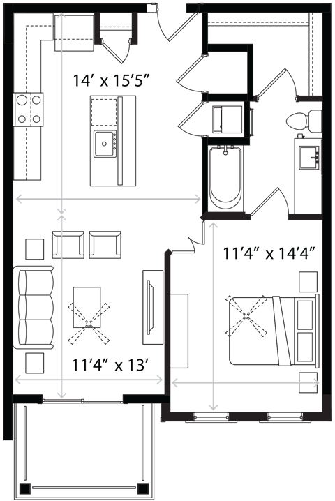 Floor plan for 1 bed, 1 bath, 785 sqft