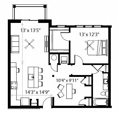 Floor plan for 1 bed, 1 bath, 966 sqft