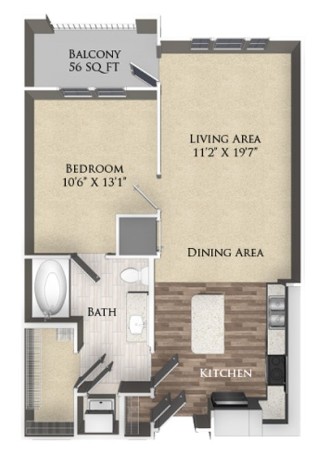Floor plan for 1 bed, 1 bath, 751 sqft