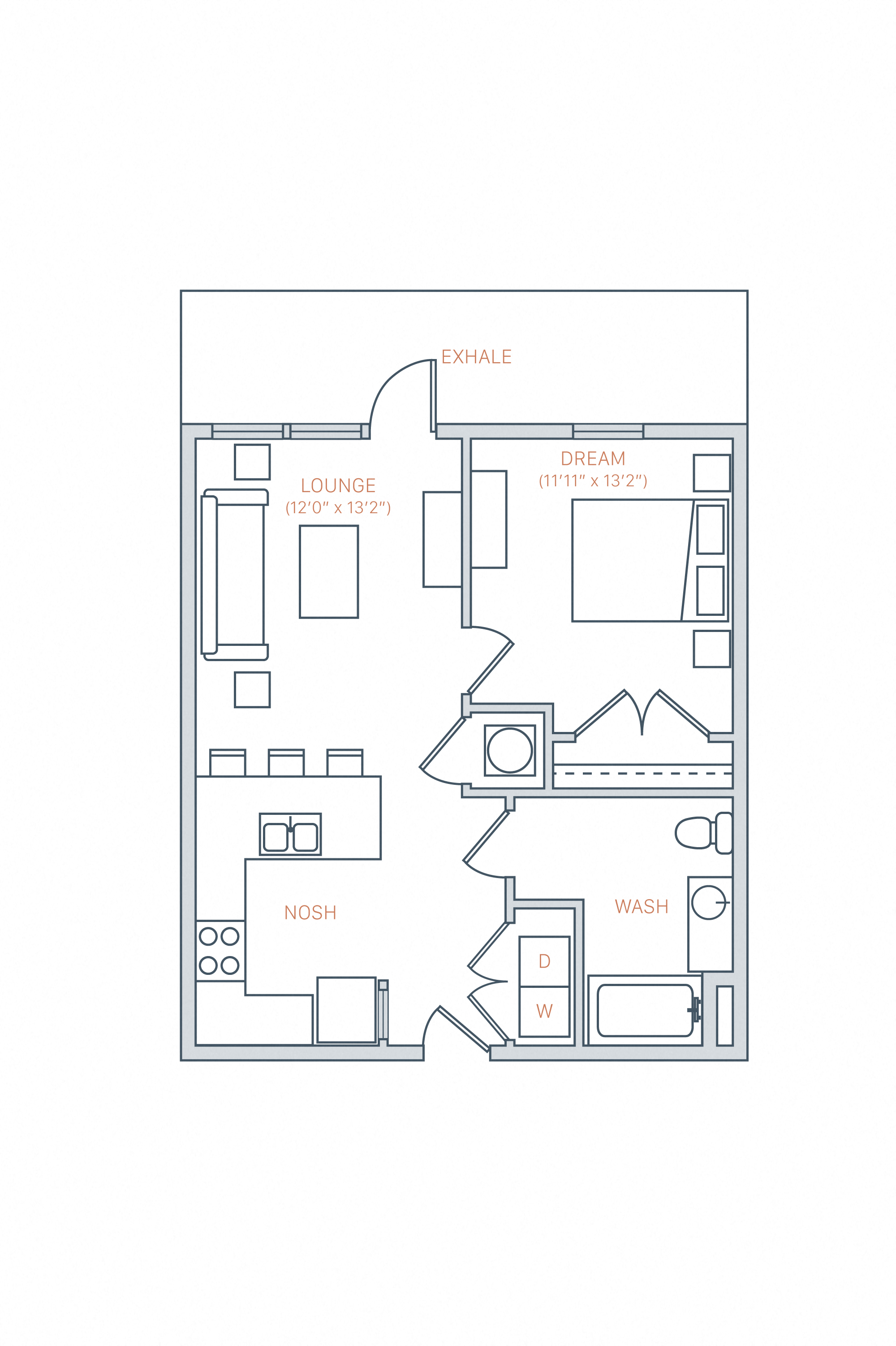 Floor plan for 1 bed, 1 bath, 640 sqft