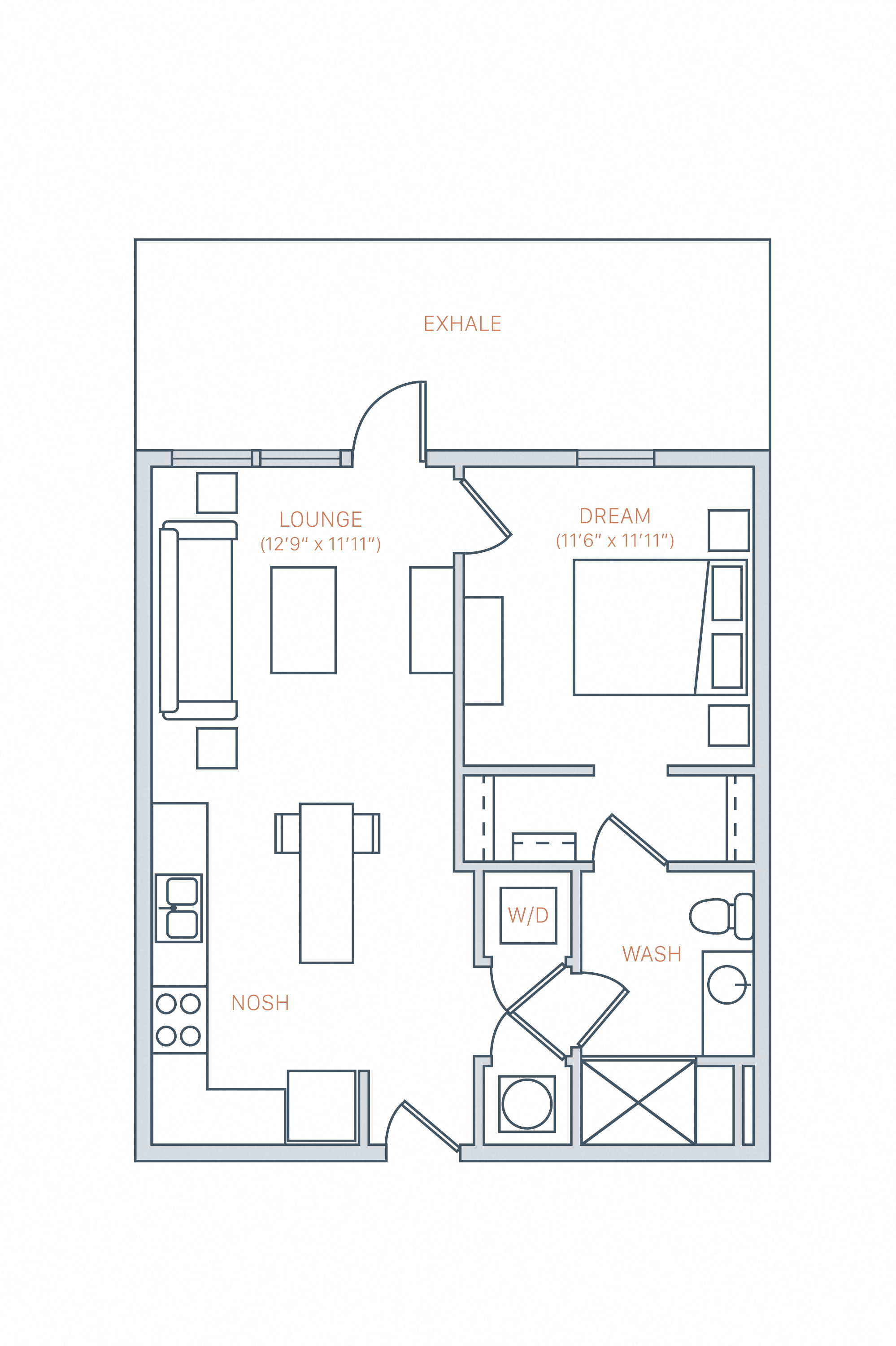 Floor plan for 1 bed, 1 bath, 640 sqft