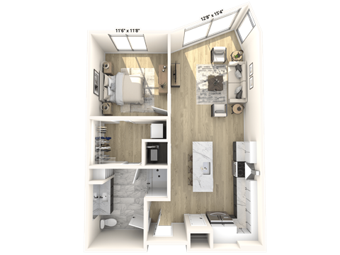 Floor plan for 1 bed, 1 bath, 792 sqft