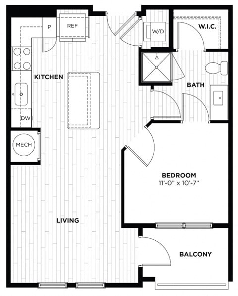 Floor plan for 1 bed, 1 bath, 648 sqft