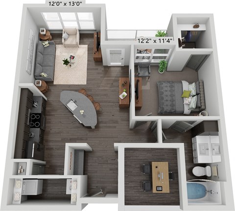 Floor plan for 1 bed, 1 bath, 890 sqft