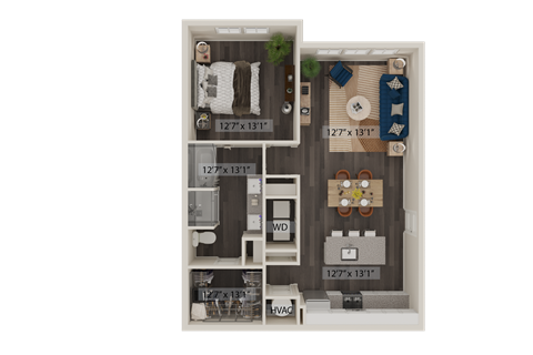 Floor plan for 1 bed, 1 bath, 922 sqft