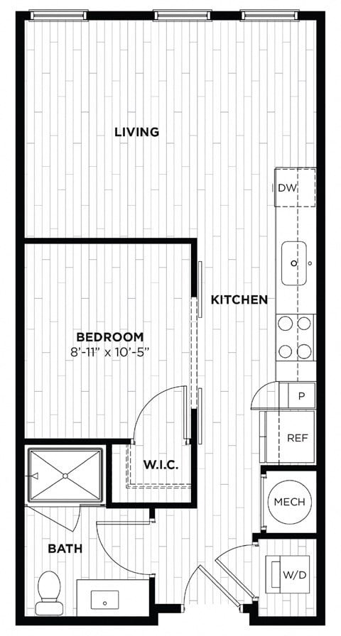 Floor plan for 1 bed, 1 bath, 539 sqft