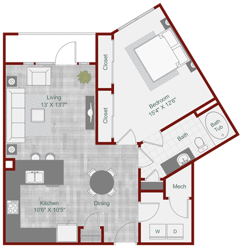 Floor plan for 1 bed, 1 bath, 853 sqft