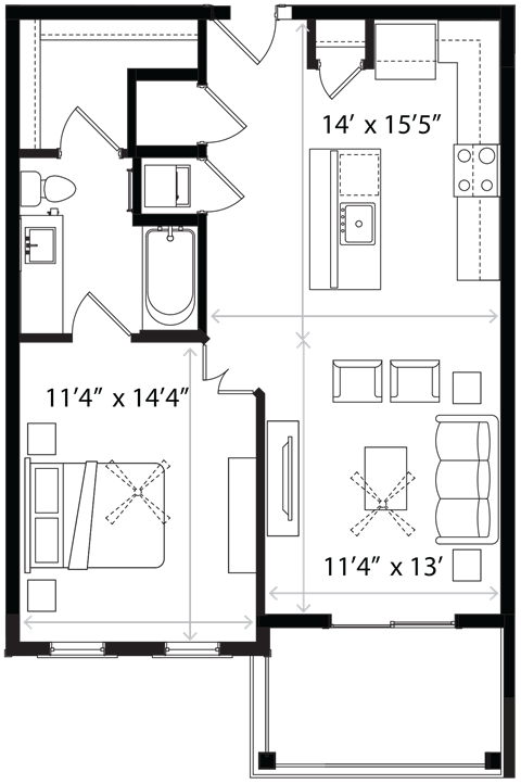 Floor plan for 1 bed, 1 bath, 802 sqft