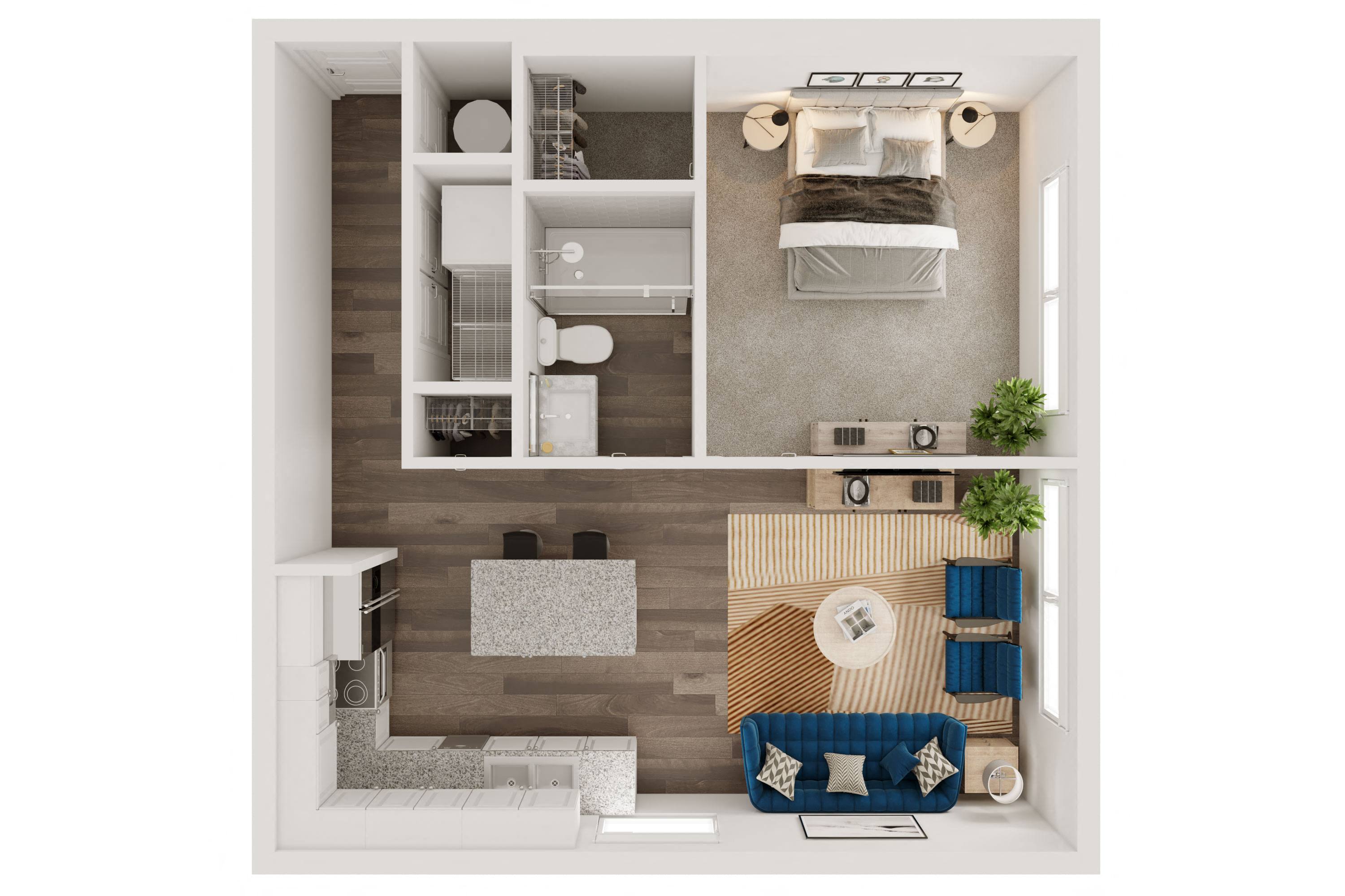 Floor plan for 1 bed, 1 bath, 681 sqft