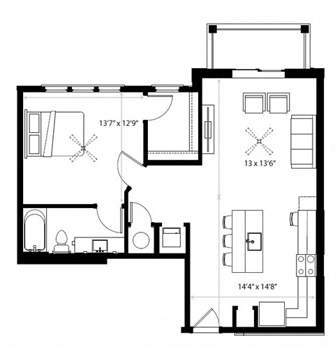 Floor plan for 1 bed, 1 bath, 808 sqft