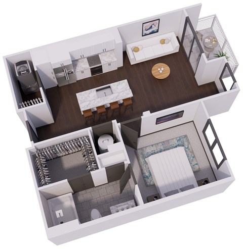 Floor plan for 1 bed, 1 bath, 744 sqft