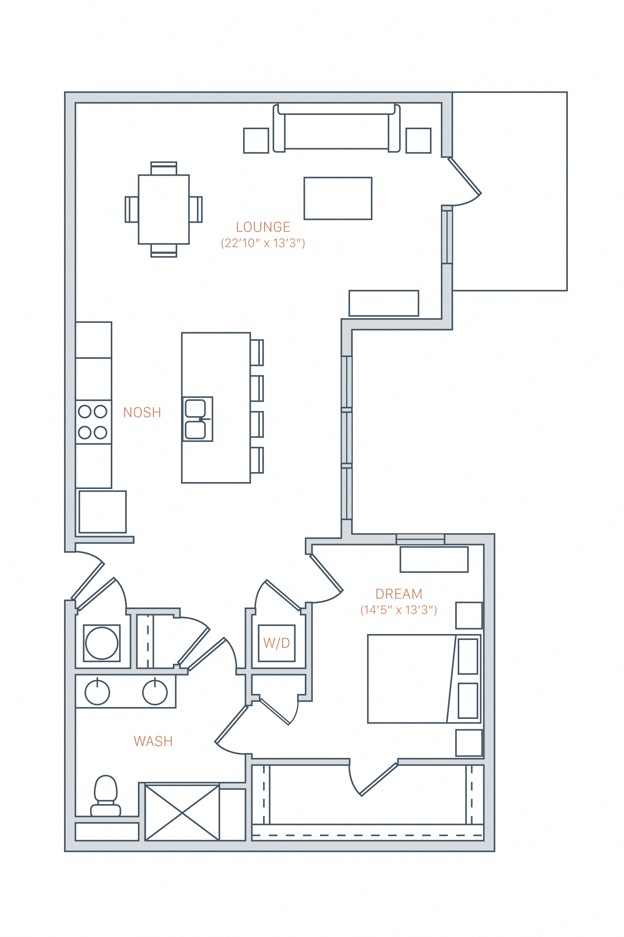 Floor plan for 1 bed, 1 bath, 980 sqft