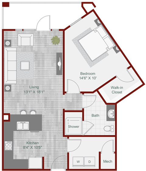 Floor plan for 1 bed, 1 bath, 833 sqft