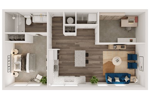 Floor plan for 1 bed, 1 bath, 887 sqft