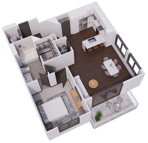 Floor plan for 1 bed, 1 bath, 877 sqft