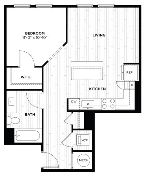 Floor plan for 1 bed, 1 bath, 655 sqft