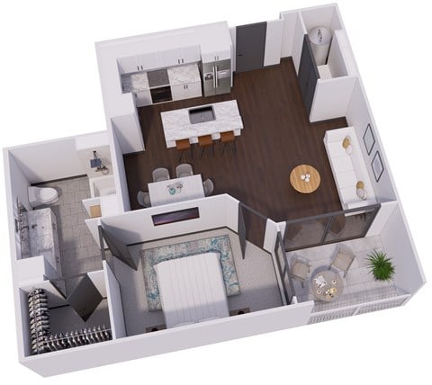 Floor plan for 1 bed, 1 bath, 891 sqft