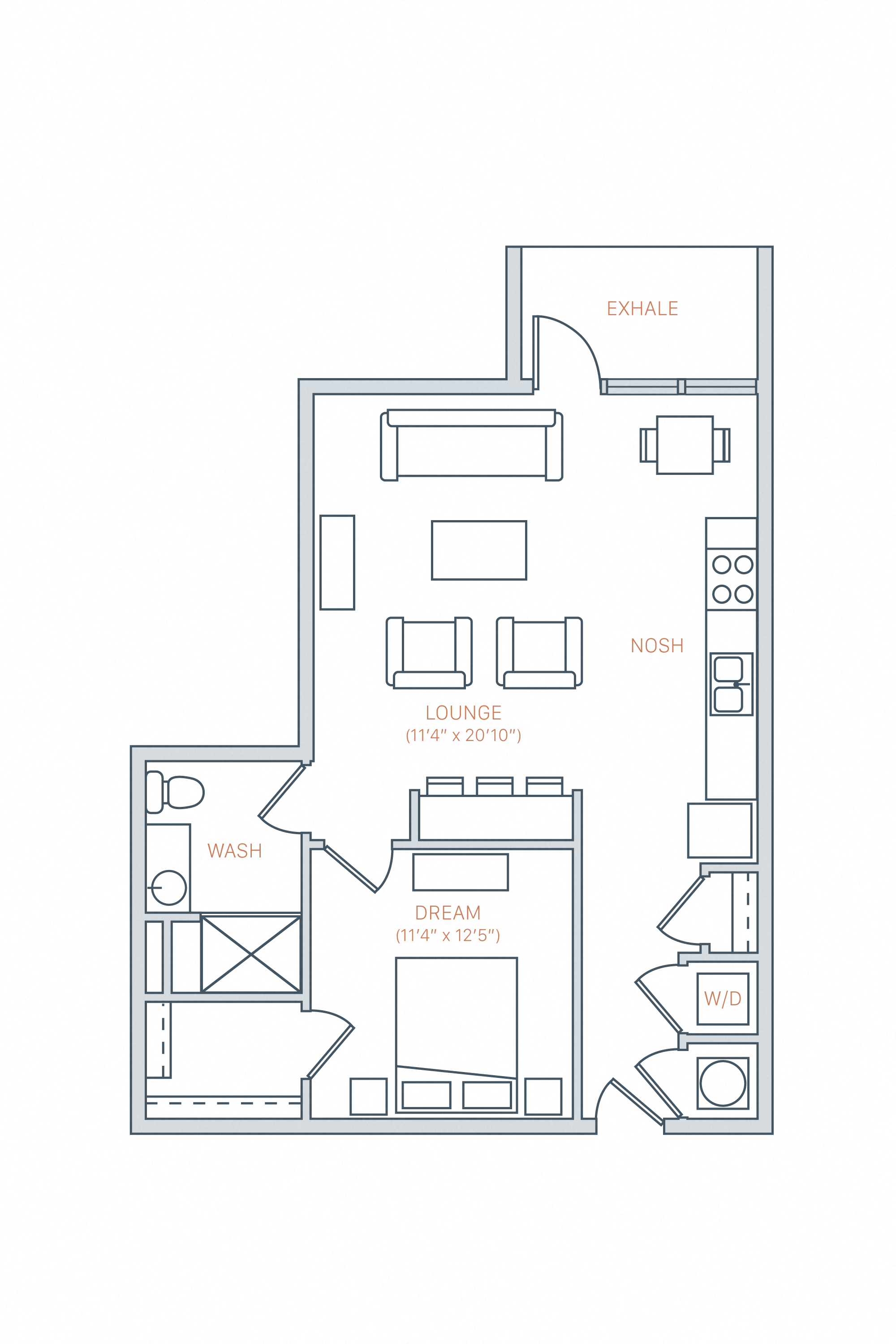 Floor plan for 1 bed, 1 bath, 760 sqft