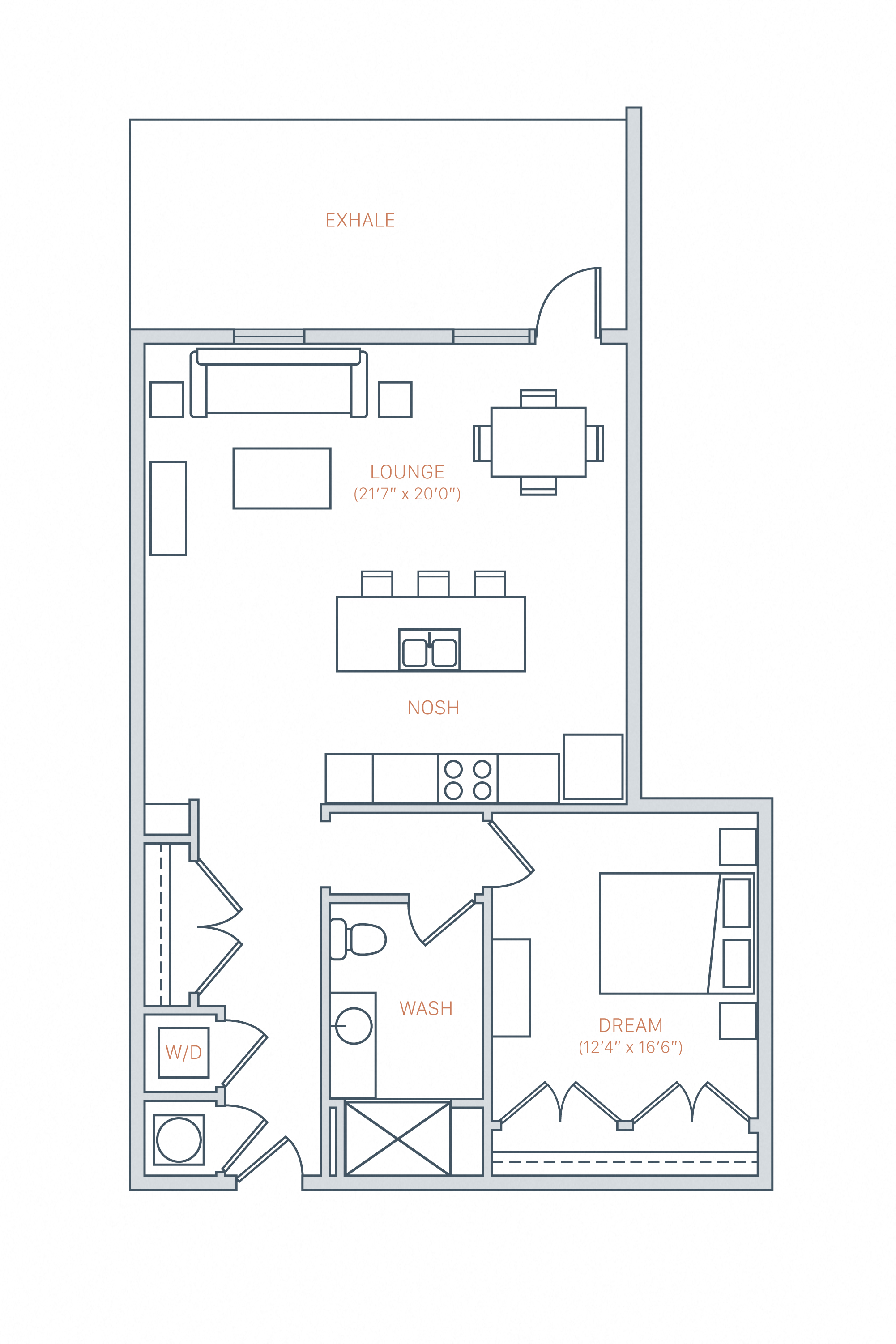 Floor plan for 1 bed, 1 bath, 870 sqft