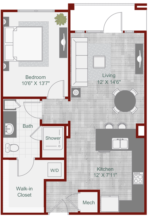 Floor plan for 1 bed, 1 bath, 732 sqft