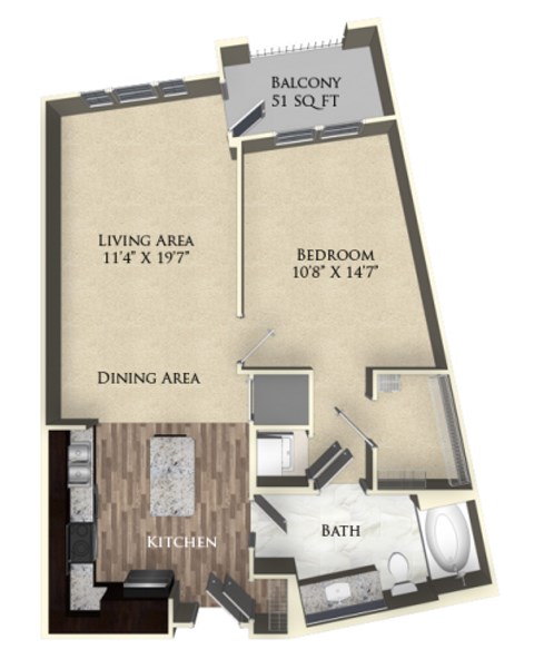 Floor plan for 1 bed, 1 bath, 759 sqft