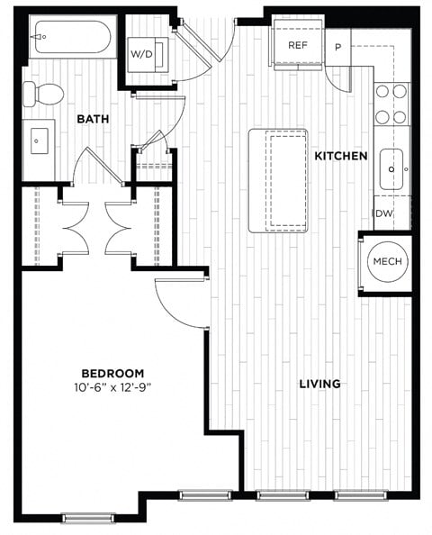 Floor plan for 1 bed, 1 bath, 677 sqft