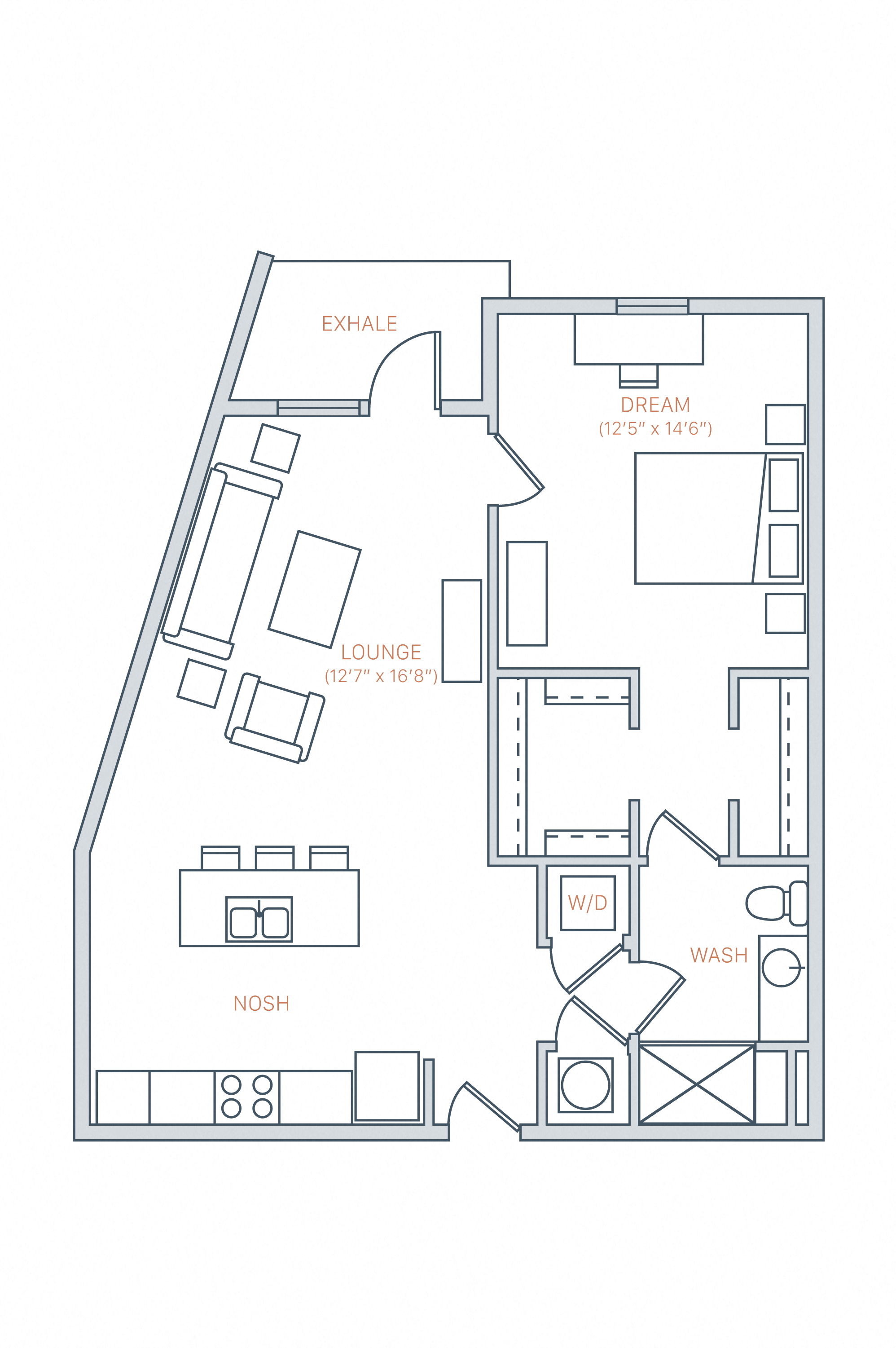 Floor plan for 1 bed, 1 bath, 860 sqft