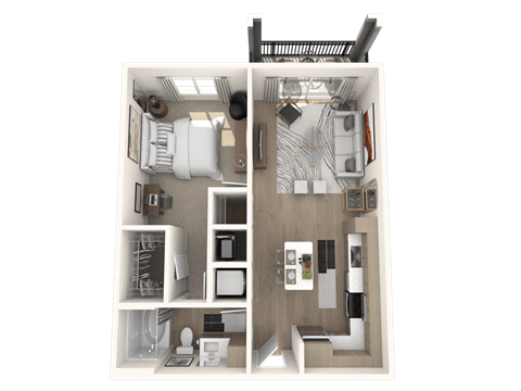 Floor plan for 1 bed, 1 bath, 723 sqft