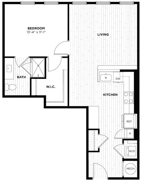Floor plan for 1 bed, 1 bath, 692 sqft