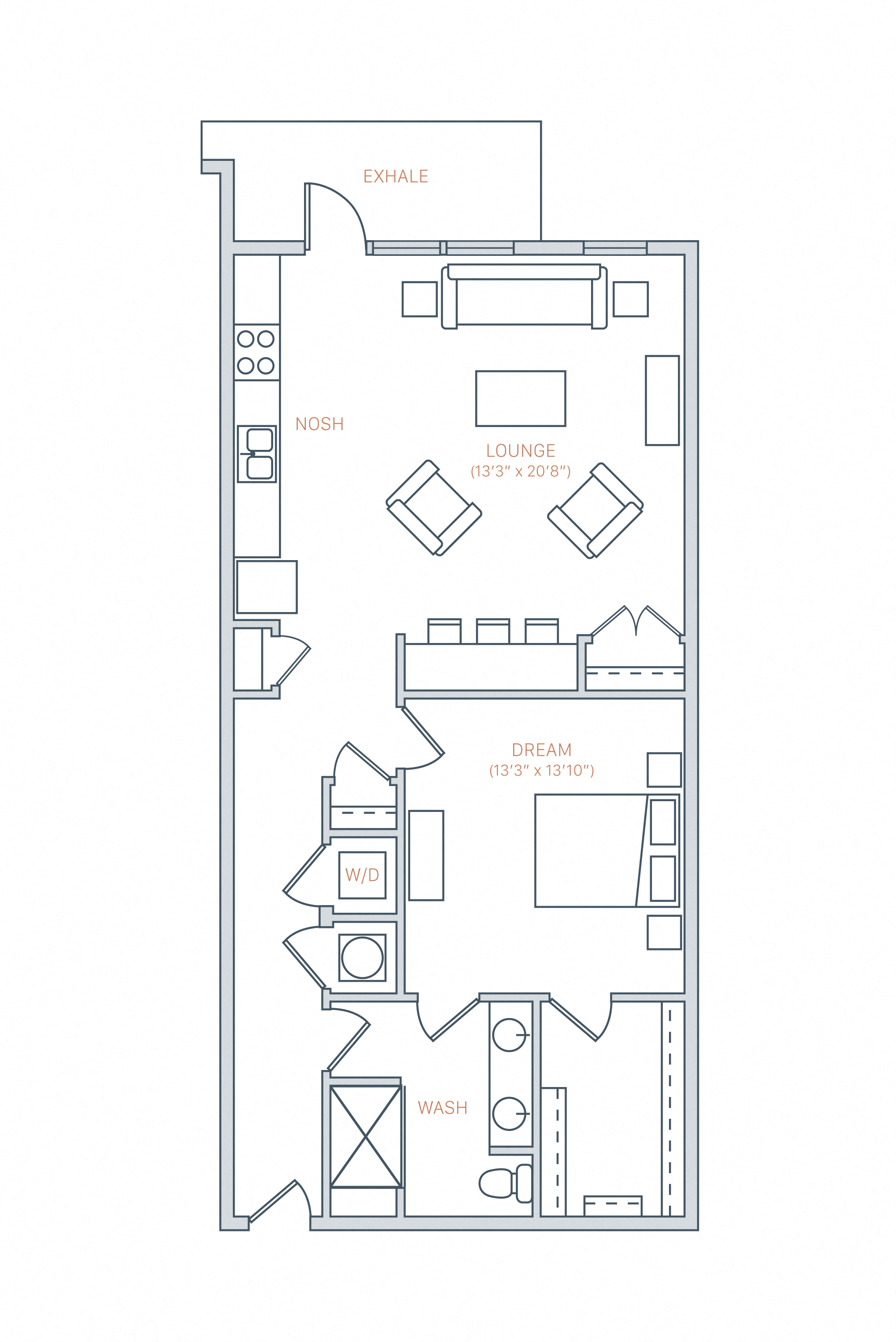 Floor plan for 1 bed, 1 bath, 960 sqft