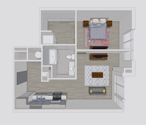 Floor plan for 1 bed, 1 bath, 644 sqft