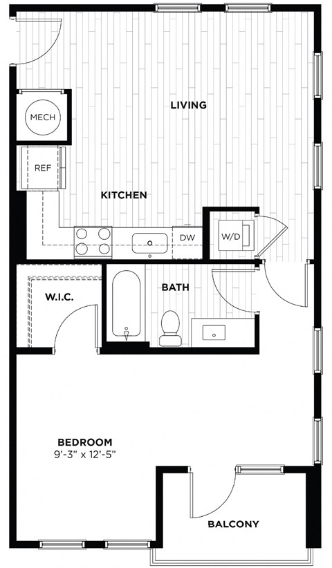 Floor plan for 1 bed, 1 bath, 693 sqft
