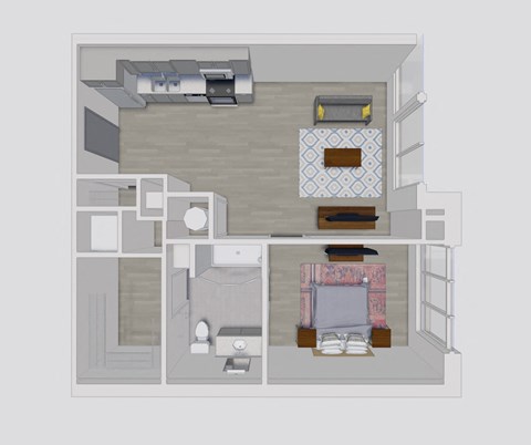 Floor plan for 1 bed, 1 bath, 648 sqft