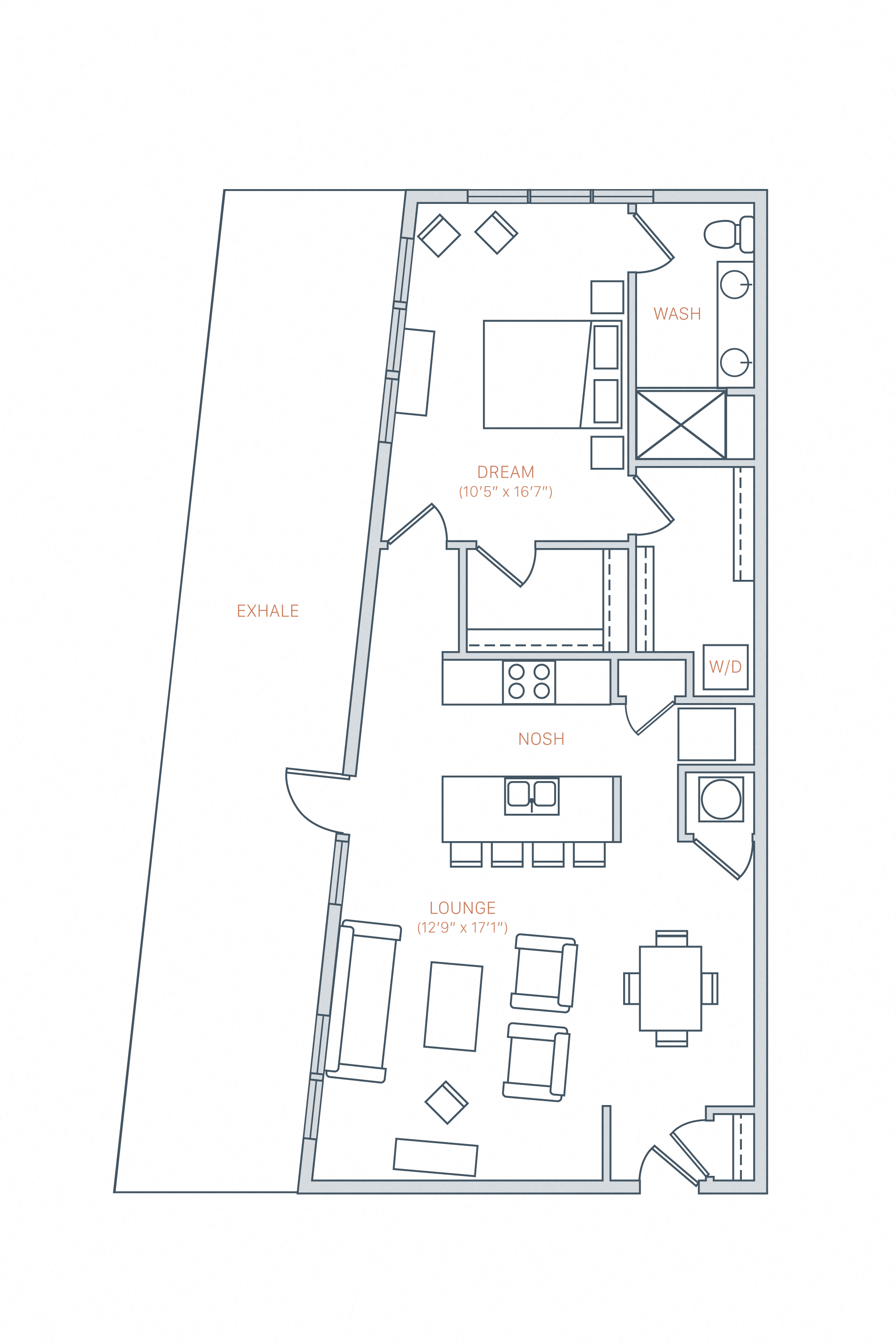 Floor plan for 1 bed, 1 bath, 1080 sqft