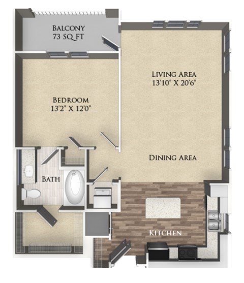 Floor plan for 1 bed, 1 bath, 823 sqft