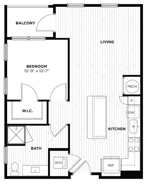 Floor plan for 1 bed, 1 bath, 701 sqft