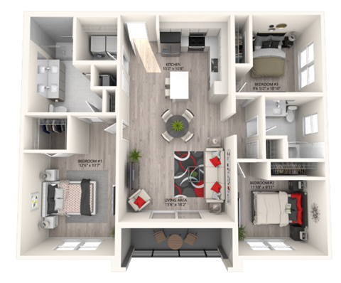 Floor plan for 3 beds, 2 baths, 1253 sqft