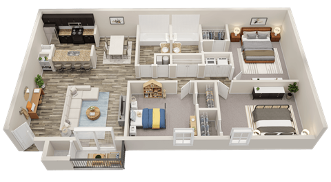 Floor plan for 3 beds, 2 baths, 1127 sqft