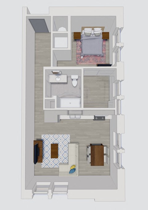 Floor plan for 1 bed, 1 bath, 631 sqft