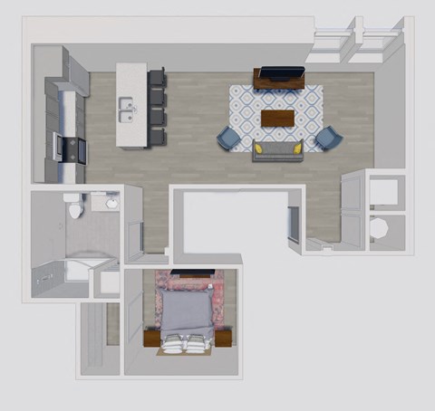 Floor plan for 1 bed, 1 bath, 631 sqft