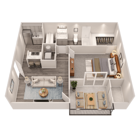 Floor plan for 1 bed, 1 bath, 652 sqft